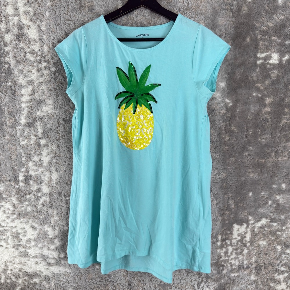 Lands' End Girls Size XL Pineapple Sequin Babydoll T-Shirt Blue Short